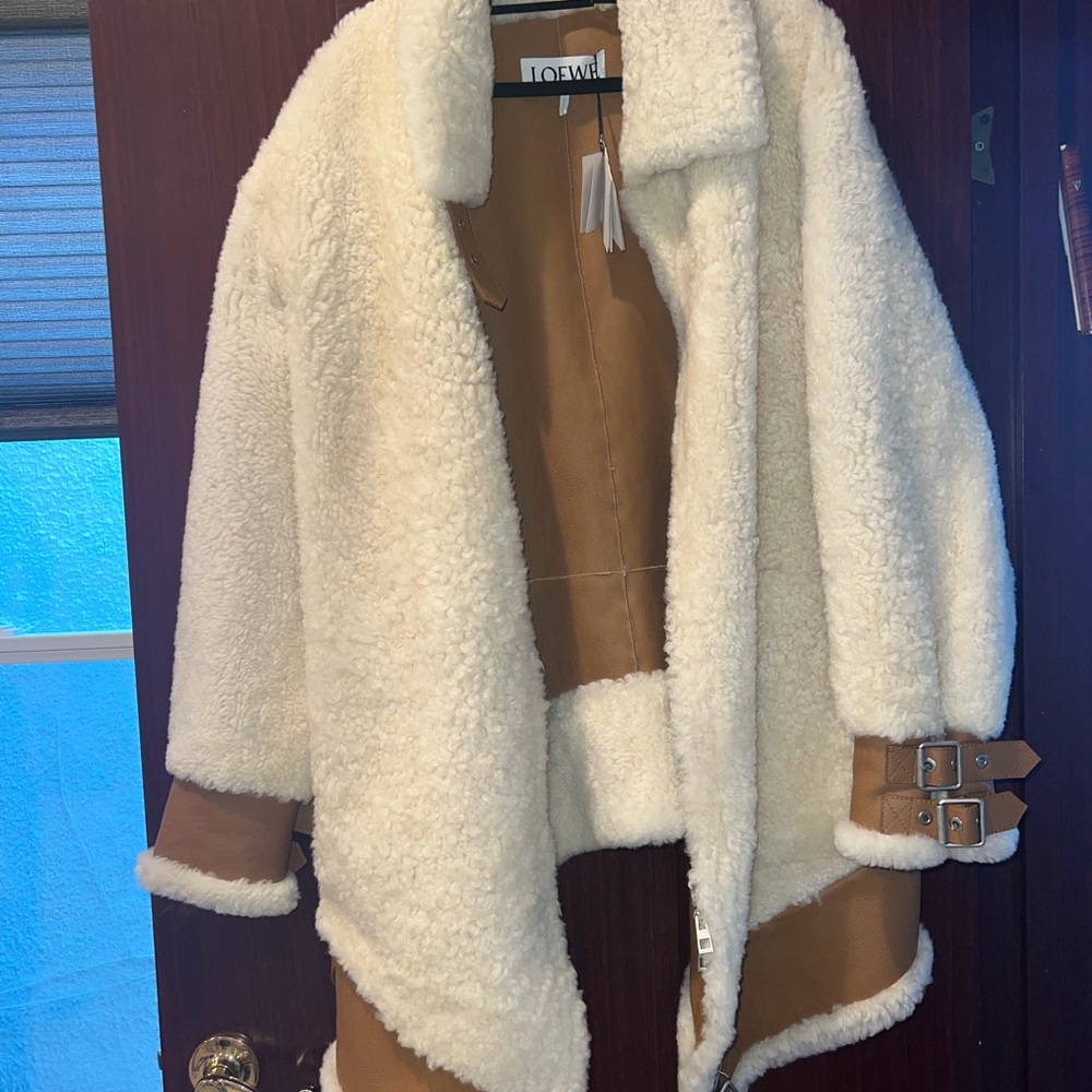 Loewe Cream Shearling Jacket with Tan Leather Trim